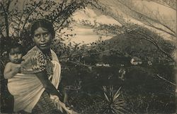 Guatemalan indigenous woman carrying a toddler in hilly scenery Postcard