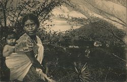 Guatemalan indigenous woman carrying a toddler in hilly scenery Central America Postcard Postcard Postcard