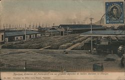 Iquique, Estacion del ferrocarril con sus grandes dépositos de Salitre durante la huelga Postcard
