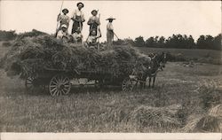 A Horse Pulls a Cart Full of Hay and Farmers with Pitchforks Postcard