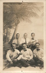 Men in Ties Pose Stuffed Alligators On Palm Tree Lined Shore (studio Photo) Postcard