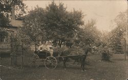 Dandy pulling Wagon - with John Dorothy & Mother Mable Allen Postcard
