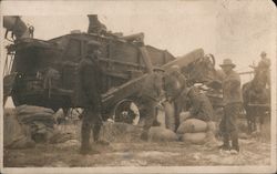 Farmers with Horse-Drawn Combine Harvester Machine Postcard