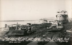 Caterpillar Tractors winching S.S. Castle Rock to it's "Home Berth" at Smith River Mouth 101 Highway Postcard