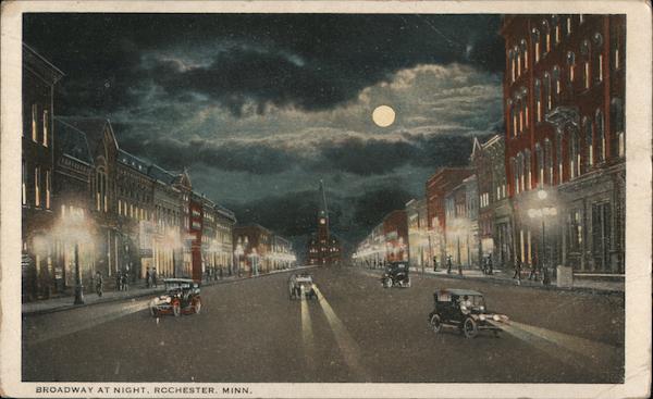 Broadway at Night, Rochester, Minn. Minnesota