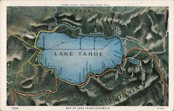 Map of Lake Tahoe Highways California Postcard Postcard Postcard