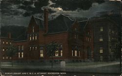 Public Library and YMCA At Night Postcard