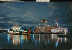 A night view of the Masjid Omar Ali Saifuddin Postcard