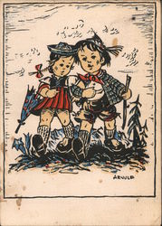 Little Kids - Boy and Girl Walking Together Postcard