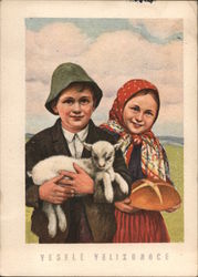 Two Children and a Lam - Easter Greetings Postcard