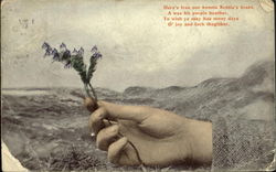 Here's frae oor bonnie Scotia's braes, A wee bitt purple heather, To wish ye may hae mony days O' joy and luck thegither. Postcard