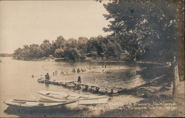 Bathing Beach, Oakland Hotel Powers Lake, WI Postcard