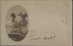 Studio: Heads-through-holes Couple in Early Automobile Postcard