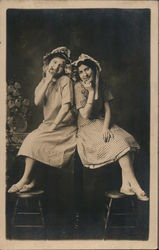 Two Girls, Checkered Dresses & Bonnets Postcard
