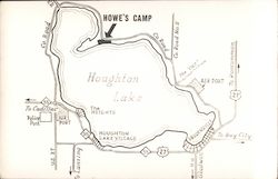Map of Houghton Lake with arrow pointing to Howe's Camp Postcard