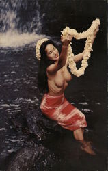 A Lovely South Sea Island Maiden, by a Tropical Waterfall, Presents a Fragrant Flower Lei. Postcard