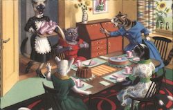 Cats Eating Dinner Cartoon Postcard