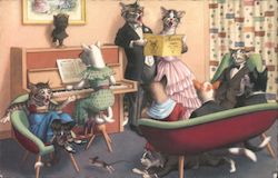 Cats and Kittens Singing and Playing Piano Cartoon Postcard