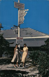 Two Women with Wake Island Directional Sign Advertising Pan American Airlines Postcard