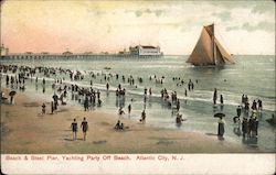 Beach and Steel Pier, Yachting Party Off Beach Postcard
