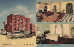 Alvin Hotel - Lobby and Typical Bed Room Postcard