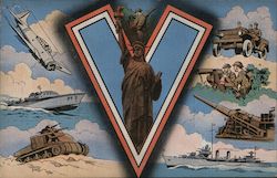V if for Victory - Statue of Liberty - Military Vehicles Postcard