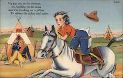 Woman riding a Horse with an Indian in a teepee watching. Postcard
