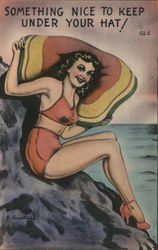 Something Nice to Keep Under Your Hat - Woman in Bathing Suit with Large Hat Postcard