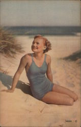 Woman in Blue Bathing Suit Sitting on the Beach Swimsuits & Pinup Postcard Postcard Postcard