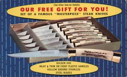 Steak Knife Set "Our Free Gift To You" - Bank Motors Postcard