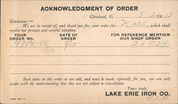 Lake Erie Iron Company Acknowledgement of Order Advertising