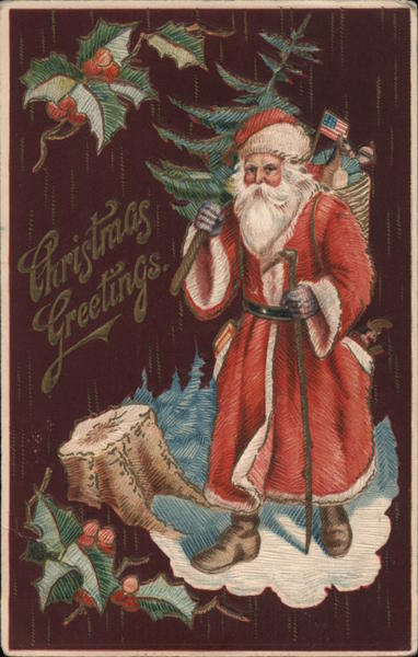 Christmas Greetings - Santa Holding Small Tree Santa Claus