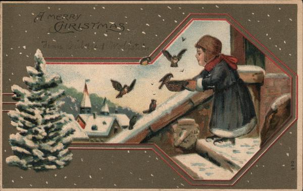 Child Feeding Birds A Merry Christmas Children