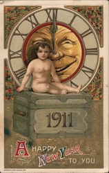 Baby Sitting in Front of Clock 1911 Postcard