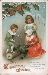 Children Playing Outside Under Mistletoe and Bells Postcard
