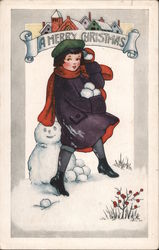 A Merry Christmas - Girl With Snowman Postcard