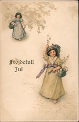 Frojdefull Jul - Two Girls Holding Flowers Postcard