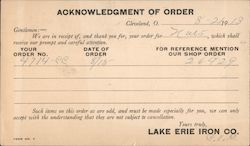 Lake Erie Iron Company Acknowledgement of Order Advertising Postcard Postcard Postcard