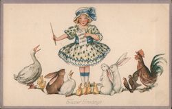 Easter Greetings - Girl With Rabbits, Ducks and Rooster Postcard