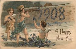 A Happy New Year 1908 with Cherubs Postcard