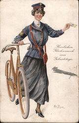 Happy Birthday featuring Uniformed Woman with Bicycle Postcard