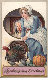 Woman and Turkey - Thanksgiving Greetings Postcard