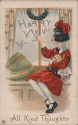 Girl with Doll Writing Happy New Year on Fogged Window Postcard