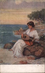 A Woman Playing a Lute on the Beach Postcard