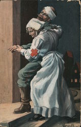 Painting of a nurse helping a wounded soldier Postcard