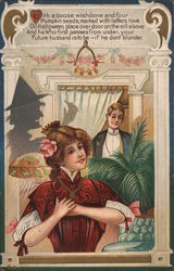 With a Goose Wish-Bone and Four Pumpkin Seeds, Marked With Letters Love, On Halloween Place Over Door On The Sill Above Postcard