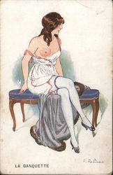Woman with One Breast Exposed Sitting on Bench Postcard