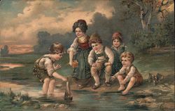 Children Playing by the Lake Germany Postcard Postcard Postcard