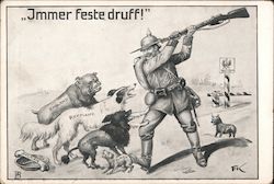German Soldier and Allied Dogs - Jmer Feste Druff! World War I Postcard Postcard Postcard
