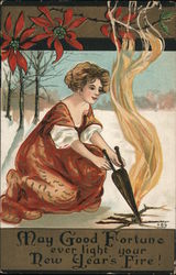 May Good Fortune Ever Light Your New Year's Fire Beautiful Ladies HBG Postcard Postcard Postcard